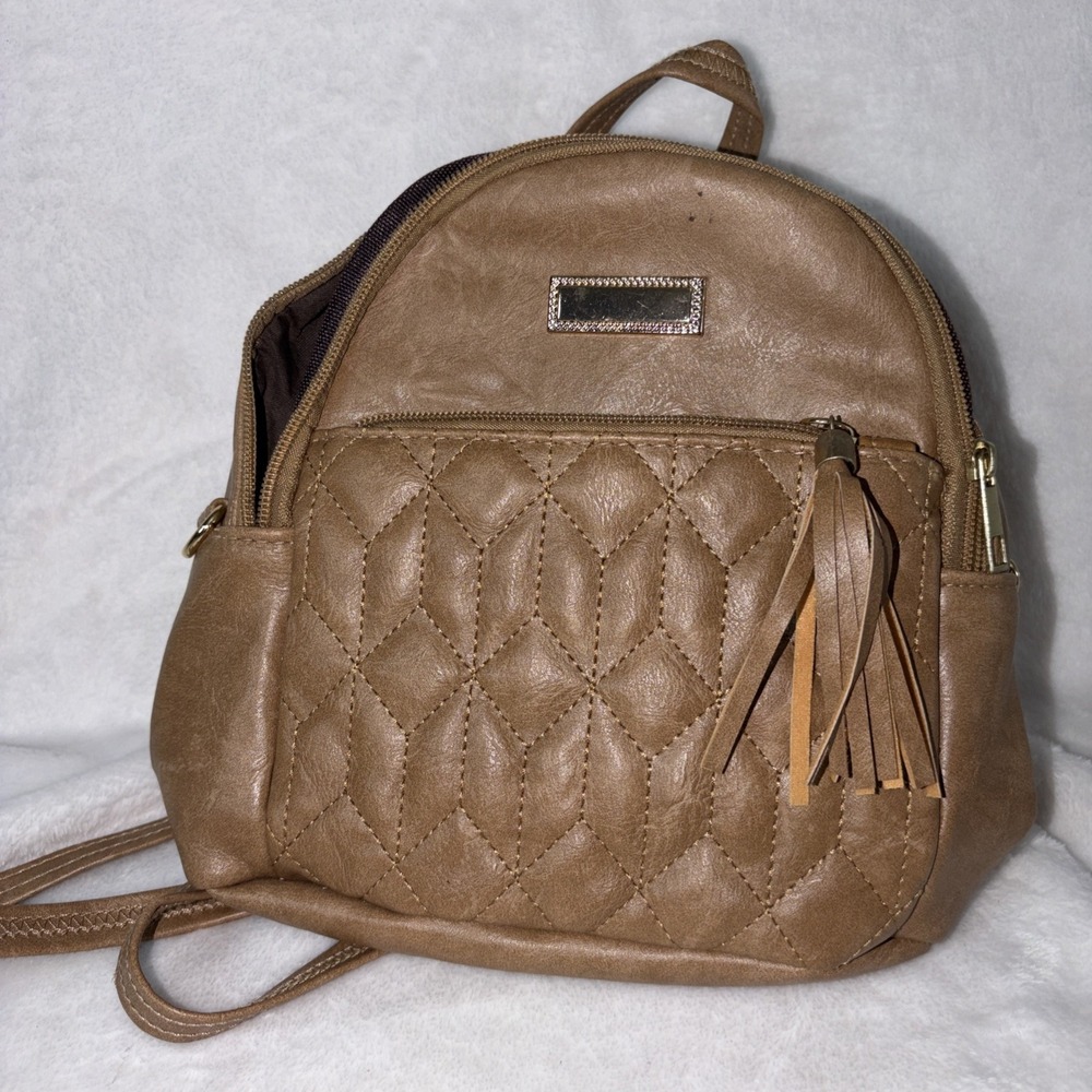 Quilted Mini Backpack Taupe Faux Leather Hold Tone Accent Boho Tassel Chic Earth